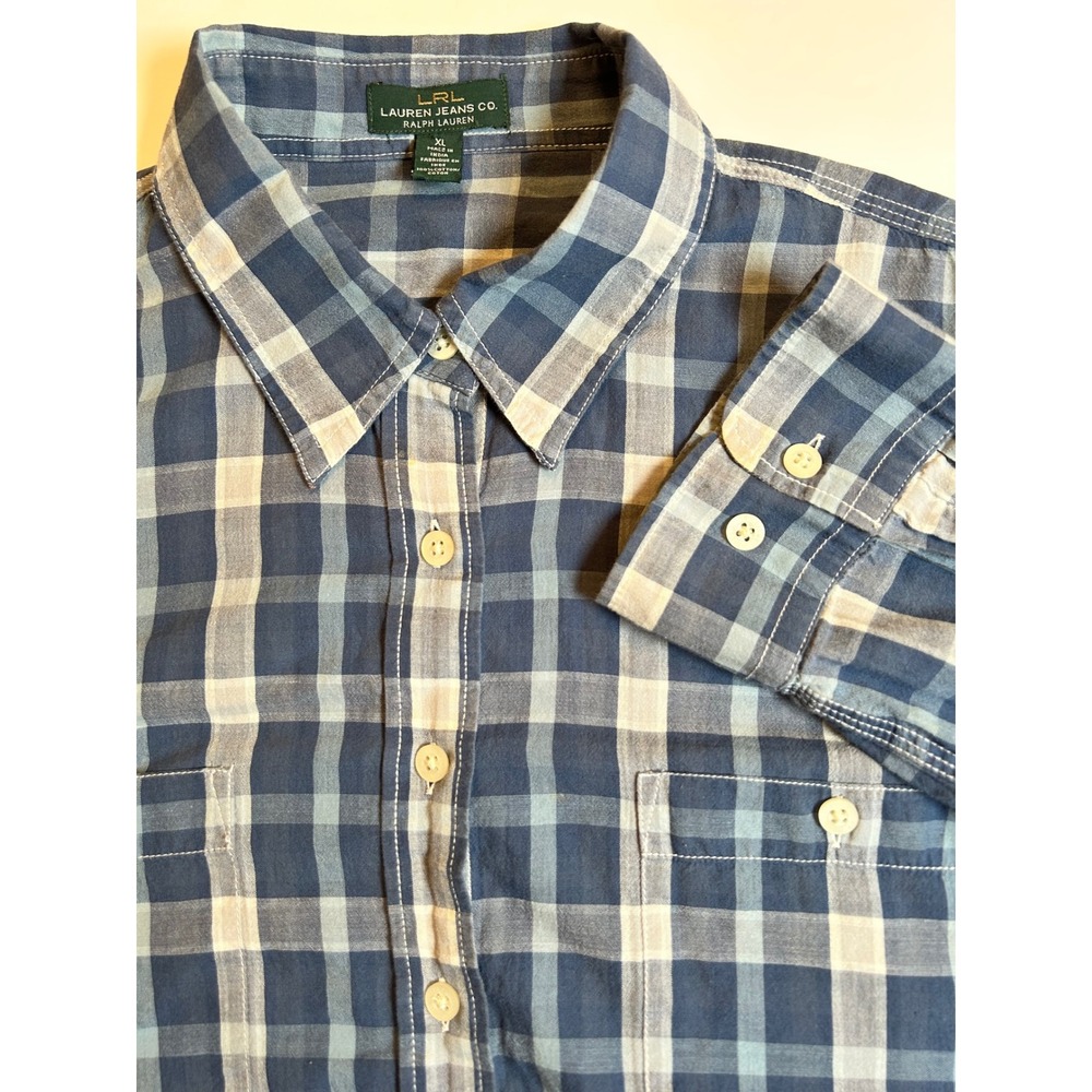 Lauren Jeans Co Ralph Lauren Plaid‎ Long Sleeve Button Up Shirt Women XL Blue